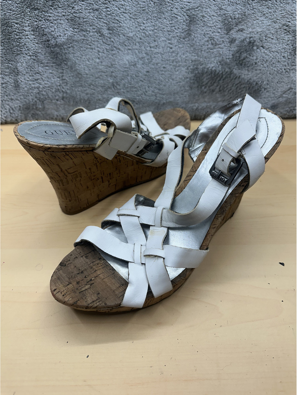 GUESS White Leather Wedge Sandals with Cork Heel